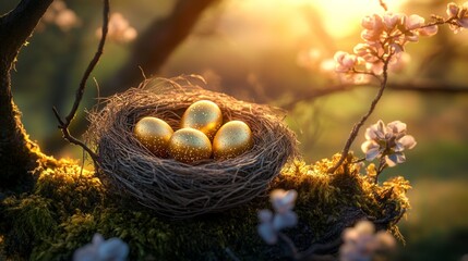 Golden eggs nestled in a serene bird's nest surrounded by blossoms at sunrise