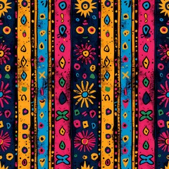 Vibrant ethnic seamless pattern with colorful vertical stripes decorated with tribal sun symbols, hearts and abstract geometric elements. Perfect for fabric and textile design.