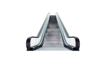 modern escalator leading upwards against a stark white background. emphasizing its clean lines and functional design it serves as a means of vertical transportation in public spaces. showcasing simpli