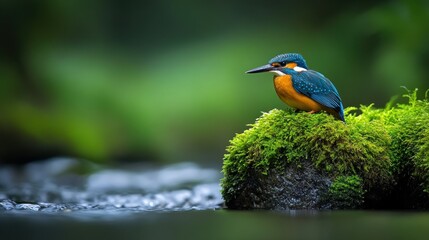 Fototapeta premium Kingfisher Perched Mossy Rock, Stream, Forest