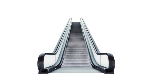 modern escalator leading upwards against a stark white background. emphasizing its clean lines and functional design it serves as a means of vertical transportation in public spaces. showcasing simpli