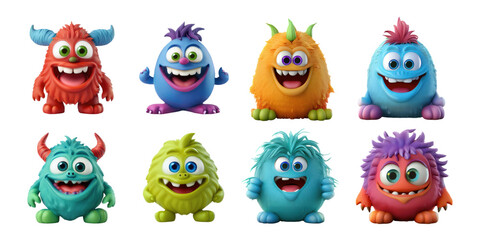 Colorful Cartoon Monsters Collection for Kids, PNG collection, set bundle, isolate on transparent or white background
