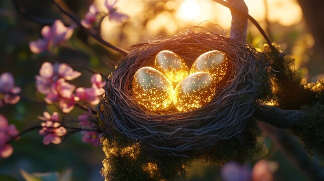 Nest filled with glowing golden eggs surrounded by pink flowers at sunset - Powered by Adobe