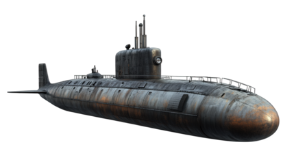 a weathered submarine. showcasing its elongated body. conning tower. and various external features the submarine. often used for military or research purposes. is presented in a realistic style. empha