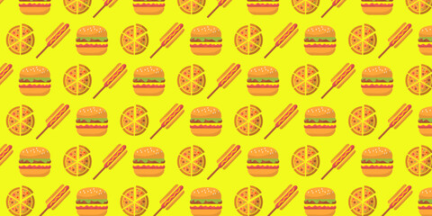collection of food seamless pattern background with icons of hamburger, pizza, hot dog on brown white and yellow background.