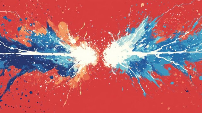 Abstract art of clashing blue and orange paint splatters on red background.