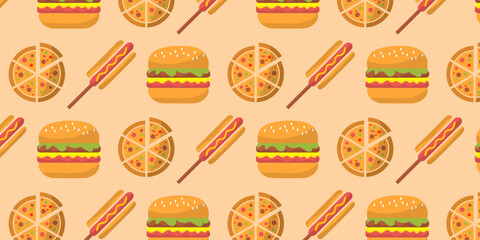 collection of food seamless pattern background with icons of hamburger, pizza, hot dog on brown white and yellow background.