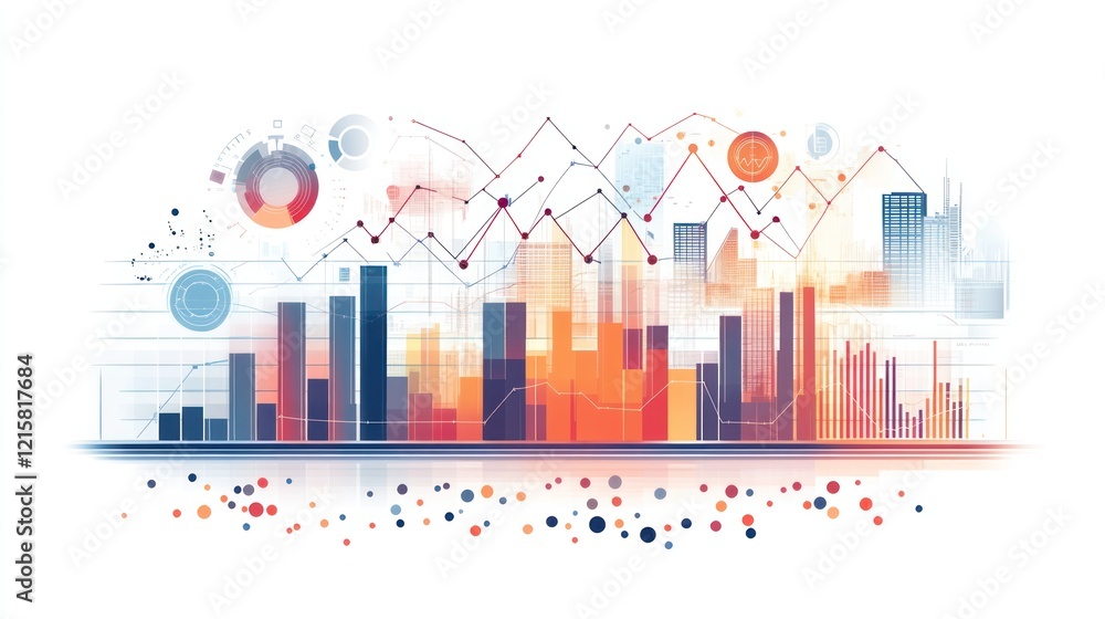 Poster abstract cityscape with financial charts and data visualizations.
