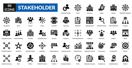 Stakeholder glyph icon collection set. Includes collaboration, partnership, influence, engagement, responsibility, expectation, feedback, impact, alignment, network, negotiation, leadership, community