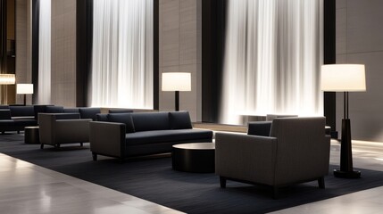 Modern lobby interior with elegant seating and ambient lighting, showcasing a tranquil atmosphere