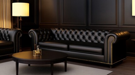 Elegant black leather chesterfield sofa in a luxurious room with warm lighting and stylish decor