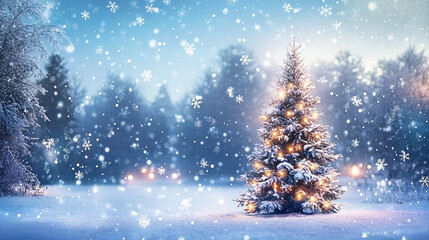 Snowy Christmas tree with lights in a blue winter scene with falling snowflakes, a serene and magical holiday backdrop
