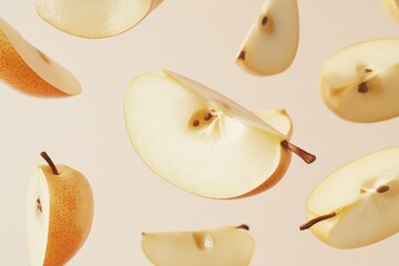 Slices of ripe pears floating in midair