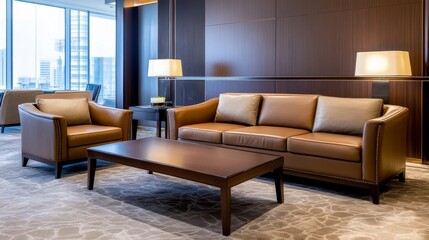 Modern lounge area featuring stylish leather furniture with natural light streaming through large windows