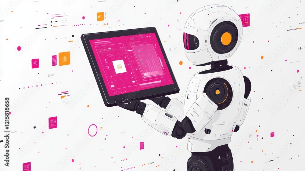 Poster robot using a tablet displaying data.
