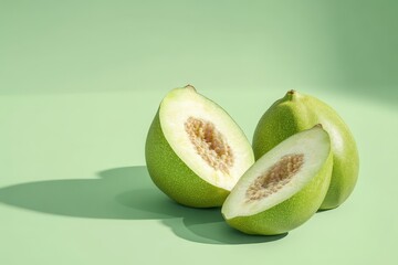 Green papaya halves and a whole papaya on a green background