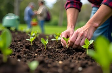 A close-up view of a gardener's hands planting seedlings in a community garden plot during early spring. The background shows a variety of garden tools, a watering can, and a basket filled with garden