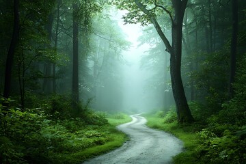 Obraz premium Winding path through lush forest nature background floral environment serene viewpoint