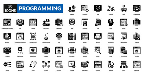 Programming glyph icon collection set. Includes code, algorithm, software, development, logic, script, compiler, debug, syntax, function, variable, loop, database, framework, api