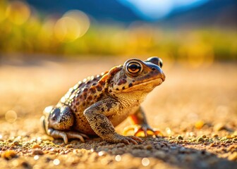 Obraz premium Small Toad on Sandy Road - Amphibian Wildlife Photography, Desert Toad, Toad on Sand, Nature Closeup
