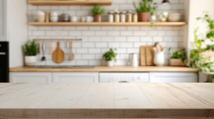 Fototapeta premium Light wooden table against a blurred rustic kitchen backdrop. Perfect for showcasing food, products, or recipes.