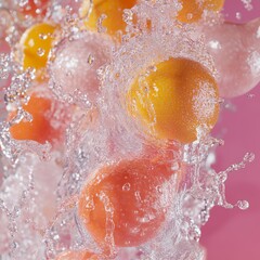 Fototapeta premium Fresh citrus fruits splash into water, creating a vibrant and refreshing display in a dynamic composition