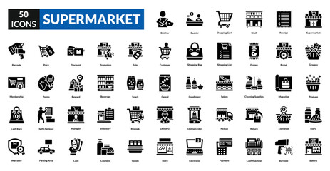 Supermarket glyph icon collection set.  Includes grocery, shopping cart, food, store, basket, cashier, checkout, produce, market, aisle, sale, discount, items, packaging, payment