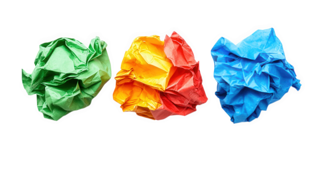 three crumpled pieces of paper in vibrant colors green. yellow. and blue. arranged in a row against a white background the texture and shape suggest a creative or artistic purpose. possibly representi