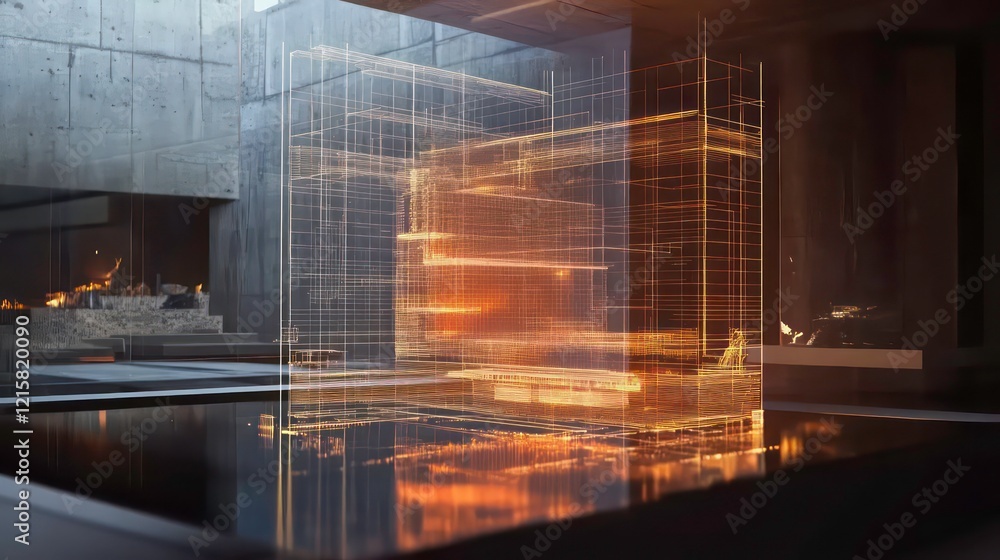 Poster holographic city model displayed in a modern architectural setting, reflecting in a pool.