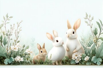 Fototapeta premium Playful rabbits in a floral environment nature background illustration charming scene