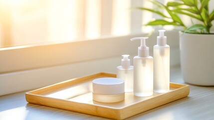 Elegant arrangement of skincare products on a wooden tray by a sunlit window with greenery