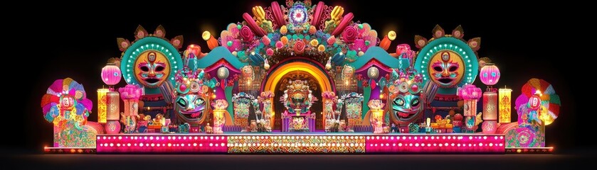 Fototapeta premium Festive illuminated parade float; vibrant colors, masks, and mythical figures; night-time event; cultural celebration