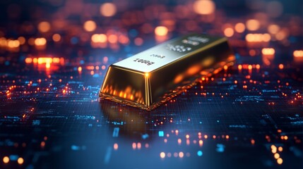 Golden bar rests on a digital circuit board, highlighting the fusion of wealth and technology in a modern context