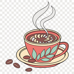 Realistic Coffee Cup with Rising Steam, Latte Art, and Vibrant 3D Vector Style on Transparent Background, Perfect for Cafe or Beverage-Themed Graphic Designs