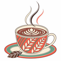 Realistic Coffee Cup with Rising Steam, Latte Art, and Vibrant 3D Vector Style on Transparent Background, Perfect for Cafe or Beverage-Themed Graphic Designs