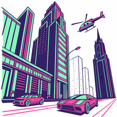 Vibrant Futuristic Neon Cityscape with Towering Skyscrapers, Flying Cars, and Glowing Lights in a Stunning 3D Vector Style on Transparent Background, Perfect for High-Tech Urban Themes