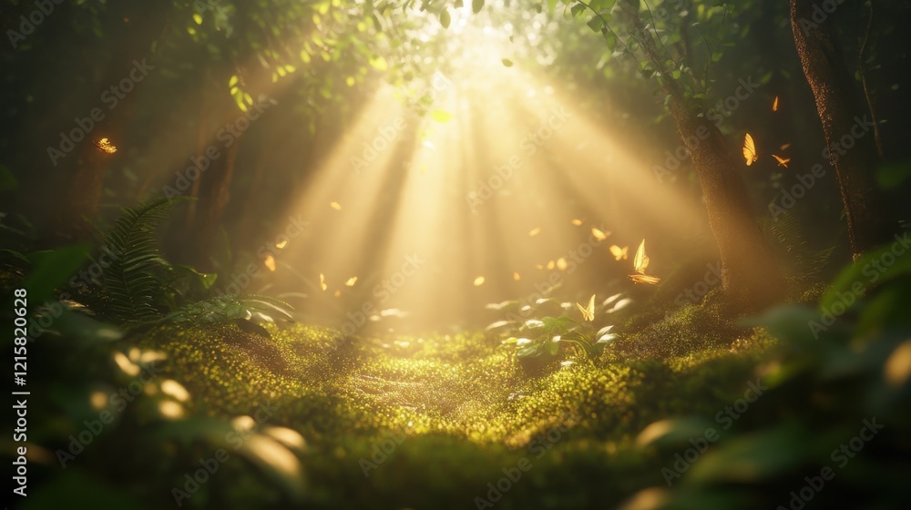 Poster enchanted forest with soft sunlight filtering through tree canopy, illuminating lush greenery and fl