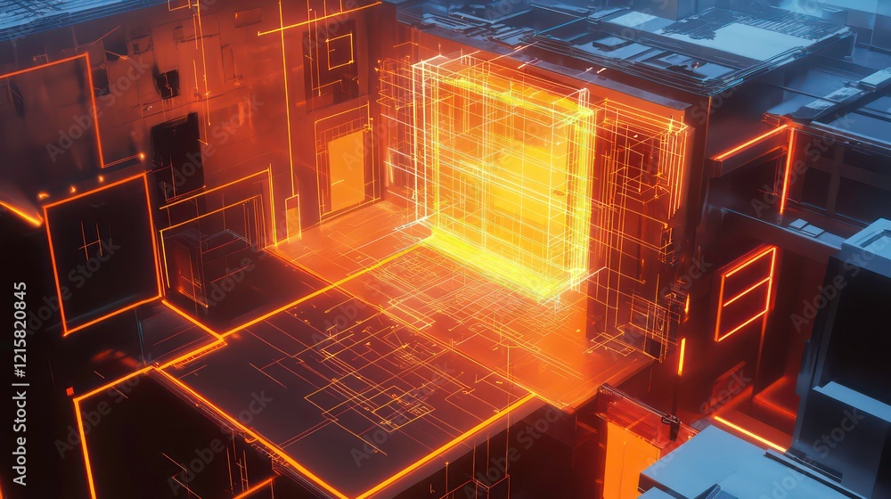 Poster Abstract glowing orange digital cube structure with intricate circuitry.