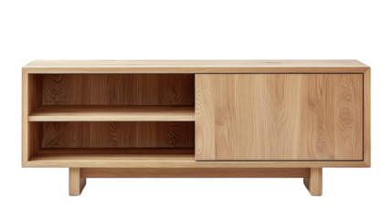 modern wooden sideboard with a minimalist design. showcasing a natural wood finish it includes two open shelves for display and a sliding door that conceals additional storage space. making it a funct