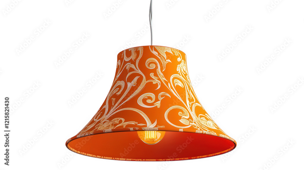 Poster stylish pendant lamp with a bell-shaped orange shade adorned with intricate white floral patterns th
