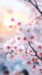 Obraz premium A serene close-up of cherry blossom flowers against a soft, pastel background, capturing the beauty of springtime.