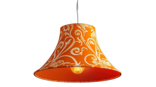 stylish pendant lamp with a bell-shaped orange shade adorned with intricate white floral patterns the design combines functionality with aesthetic appeal. making it a perfect lighting solution for var
