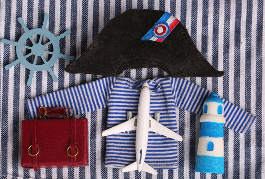 ship, marinette and flag of France. Concepts of traditional symbols of France
