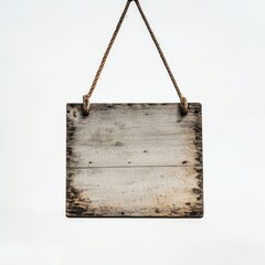 Blank rustic wooden sign hanging on rope.
