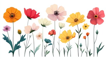 Fototapeta premium Colorful wildflowers collection on white background.