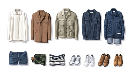 Men's casual outfit collection shirts, jackets, shorts, shoes.