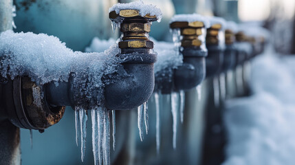 A row of frozen water pipes, with icicles hanging off the spigots and ice covering their bodies