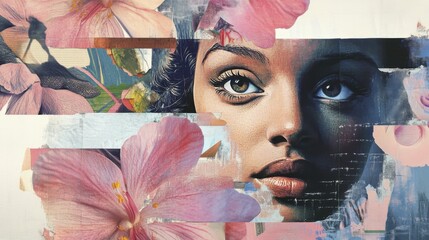 Portrait of young african female amidst vibrant floral collage