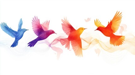 Obraz premium Colorful birds in flight, watercolor style, abstract background.