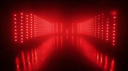 Red neon lights illuminate a dark reflective corridor creating a mysterious ambiance. AI Generated